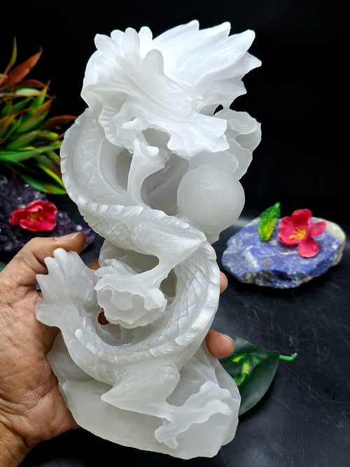 White Angelite Dragon Carving – Handcrafted Crystal Sculpture for Home Decor & Good Fortune | Reiki/Chakra/Healing/Energy | Gift