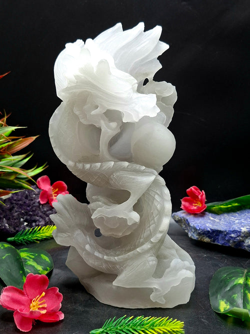 White Angelite Dragon Carving – Handcrafted Crystal Sculpture for Home Decor & Good Fortune | Reiki/Chakra/Healing/Energy | Gift