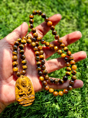 Tiger Eye Manjushri Chinese Goddess Pendant with 8 mm Tiger Eye Faceted Bead Mala – Heal Emotions & Awaken Confidence | Gemstone Mala | Birthday Gift | Weight 79 gms