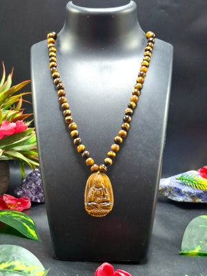 Tiger Eye 8 mm Bead Mala with Lord Buddha Pendant – Heal Emotions & Awaken Confidence | Gemstone Mala | Birthday Gift | Weight 80 gms