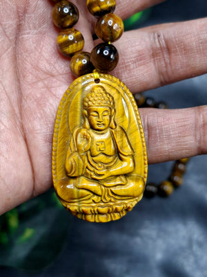 Tiger Eye 8 mm Bead Mala with Lord Buddha Carved Pendant – Protection, Positivity & Manifestation | Gemstone Mala | Birthday Gift | Weight 83 gms