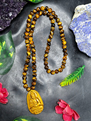 Tiger Eye 8 mm Bead Mala with Lord Buddha Carved Pendant – Protection, Positivity & Manifestation | Gemstone Mala | Birthday Gift | Weight 83 gms