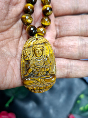 Tiger Eye 8 mm Bead Mala with Kwan Yin Carved Pendant – Compassion, Protection & Positive Energy | Birthday Gift | Weight 79 gms