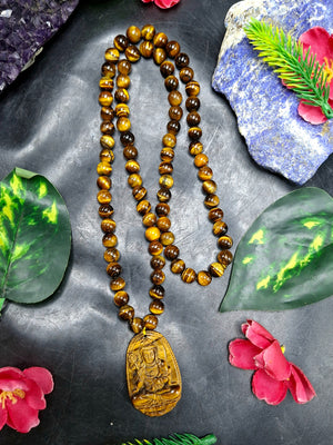 Tiger Eye 8 mm Bead Mala with Kwan Yin Carved Pendant – Compassion, Protection & Positive Energy | Birthday Gift | Weight 79 gms