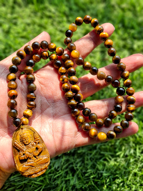 Tiger Eye Manjushri Chinese Goddess Pendant with 8 mm Tiger Eye Faceted Bead Mala for Divine Energy & Spiritual Growth | Birthday Gift | Weight 81 gms