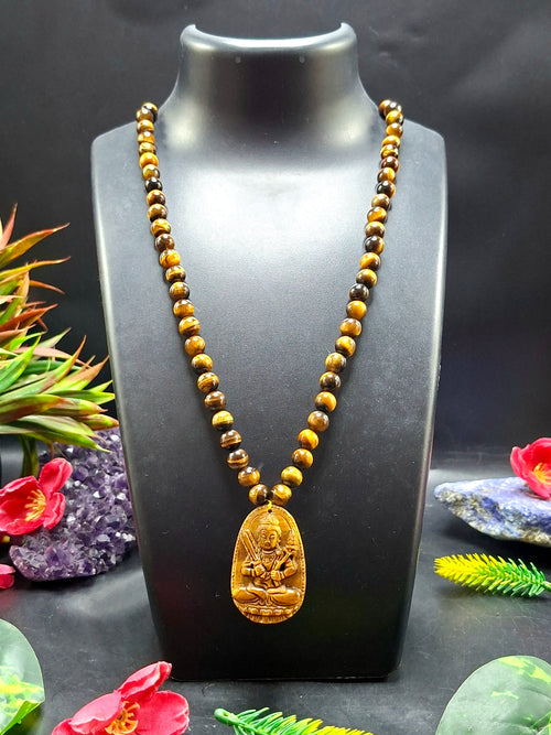 Tiger Eye Manjushri Chinese Goddess Pendant with 8 mm Tiger Eye Faceted Bead Mala for Divine Energy & Spiritual Growth | Birthday Gift | Weight 81 gms