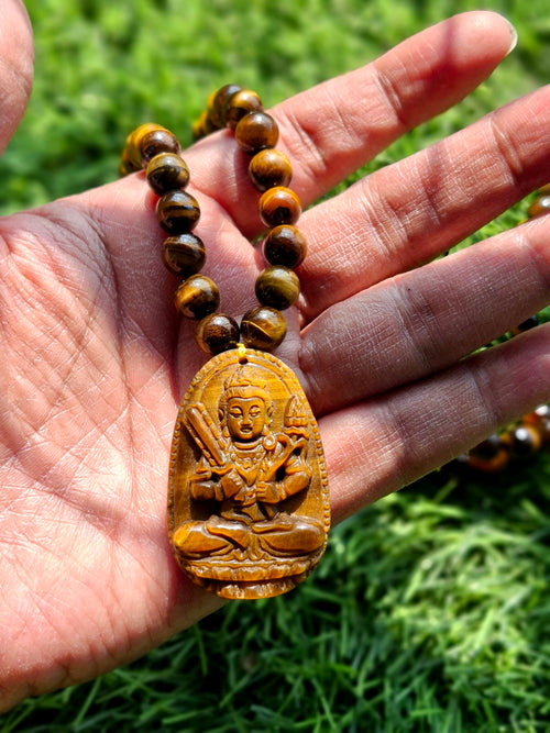Tiger Eye Manjushri Chinese Goddess Pendant with 8 mm Tiger Eye Faceted Bead Mala for Divine Energy & Spiritual Growth | Birthday Gift | Weight 81 gms