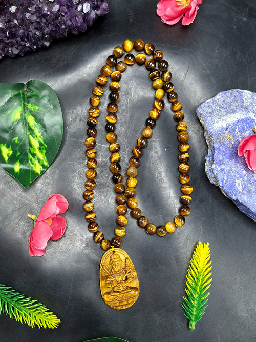 Tiger Eye Manjushri Chinese Goddess Pendant with 8 mm Tiger Eye Faceted Bead Mala for Divine Energy & Spiritual Growth | Birthday Gift | Weight 81 gms