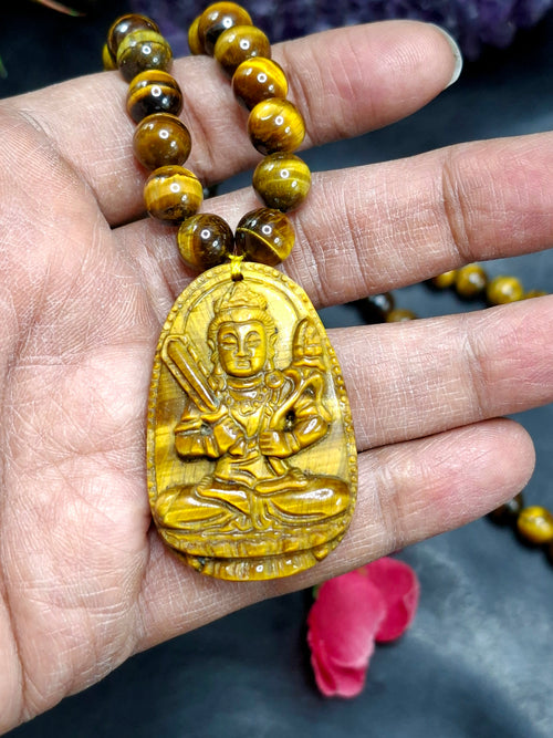 Tiger Eye Manjushri Chinese Goddess Pendant with 8 mm Tiger Eye Faceted Bead Mala for Divine Energy & Spiritual Growth | Birthday Gift | Weight 81 gms