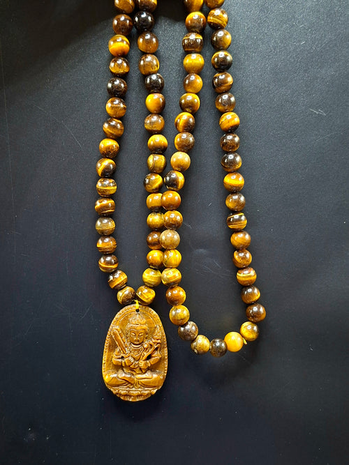 Tiger Eye Manjushri Chinese Goddess Pendant with 8 mm Tiger Eye Faceted Bead Mala for Divine Energy & Spiritual Growth | Birthday Gift | Weight 81 gms
