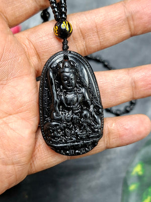 Black Obsidian Acala Buddha Carved Pendant with Beaded Mala – Protection, Strength & Inner Peace | Gemstone Mala | Birthday Gift | Weight 37 gms
