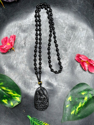 Black Obsidian Acala Buddha Carved Pendant with Beaded Mala – Protection, Strength & Inner Peace | Gemstone Mala | Birthday Gift | Weight 37 gms