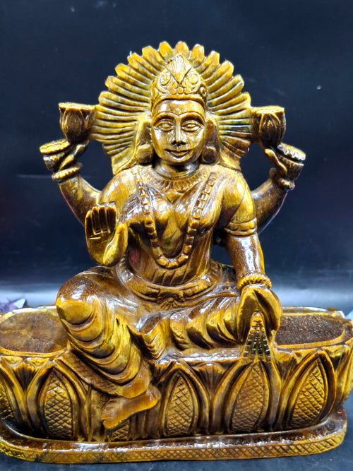 Goddess Lakshmi Carving in Tiger Eye Gemstone: A Symbol of Prosperity, Positivity, and Divine Energy | Divine Prosperity | Crystal carvings for home decor - Shwasam