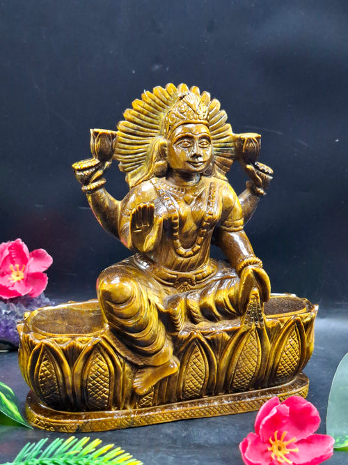 Goddess Lakshmi Carving in Tiger Eye Gemstone: A Symbol of Prosperity, Positivity, and Divine Energy | Divine Prosperity | Crystal carvings for home decor - Shwasam