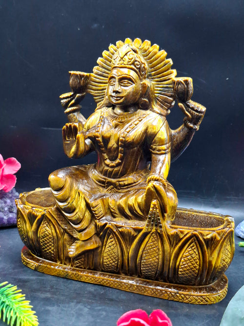 Goddess Lakshmi Carving in Tiger Eye Gemstone: A Symbol of Prosperity, Positivity, and Divine Energy | Divine Prosperity | Crystal carvings for home decor - Shwasam