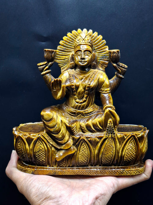 Goddess Lakshmi Carving in Tiger Eye Gemstone: A Symbol of Prosperity, Positivity, and Divine Energy | Divine Prosperity | Crystal carvings for home decor - Shwasam