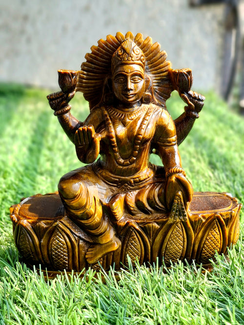 Goddess Lakshmi Carving in Tiger Eye Gemstone: A Symbol of Prosperity, Positivity, and Divine Energy | Divine Prosperity | Crystal carvings for home decor - Shwasam