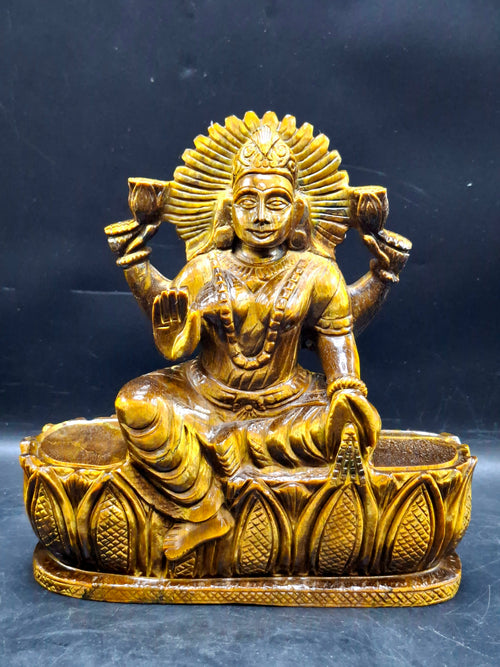 Goddess Lakshmi Carving in Tiger Eye Gemstone: A Symbol of Prosperity, Positivity, and Divine Energy | Divine Prosperity | Crystal carvings for home decor - Shwasam