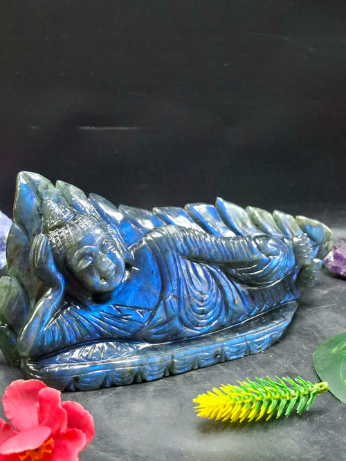 Labradorite Parinirvana Buddha Carving with Blue Flash – Spiritual Home Decor & Healing Stone - Shwasam