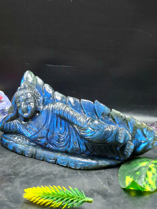 Labradorite Parinirvana Buddha Carving with Blue Flash – Spiritual Home Decor & Healing Stone - Shwasam