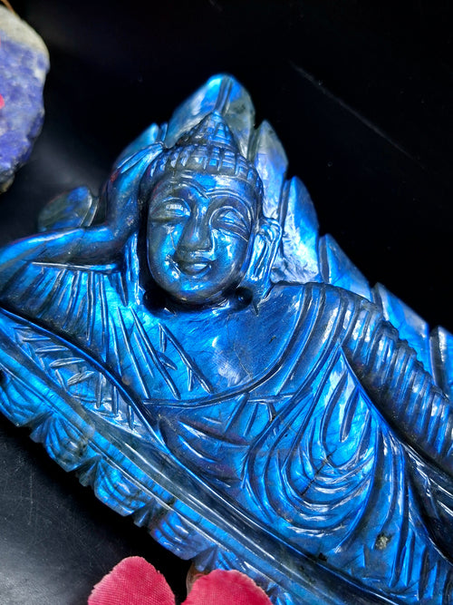 Labradorite Parinirvana Buddha Carving with Blue Flash – Spiritual Home Decor & Healing Stone - Shwasam