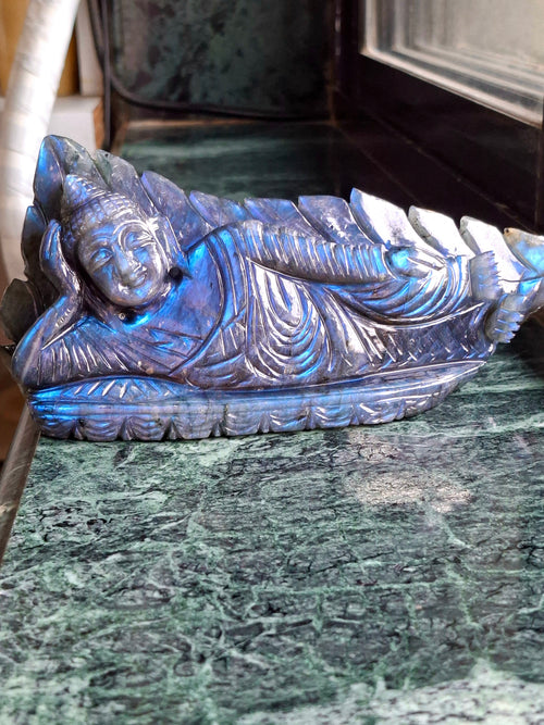 Labradorite Parinirvana Buddha Carving with Blue Flash – Spiritual Home Decor & Healing Stone - Shwasam
