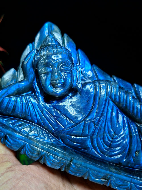 Labradorite Parinirvana Buddha Carving with Blue Flash – Spiritual Home Decor & Healing Stone - Shwasam