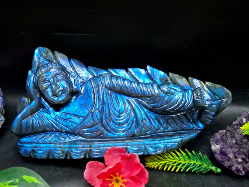 Labradorite Parinirvana Buddha Carving with Blue Flash – Spiritual Home Decor & Healing Stone - Shwasam