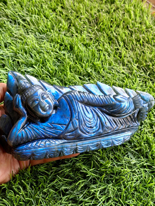 Labradorite Parinirvana Buddha Carving with Blue Flash – Spiritual Home Decor & Healing Stone - Shwasam