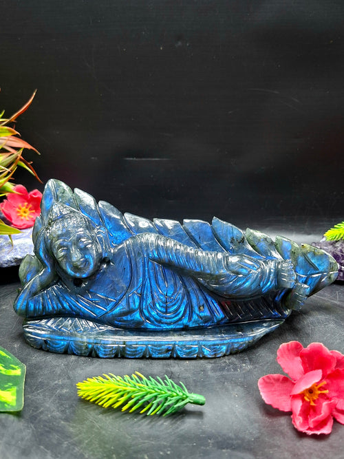 Labradorite Parinirvana Buddha Carving with Blue Flash – Spiritual Home Decor & Healing Stone - Shwasam