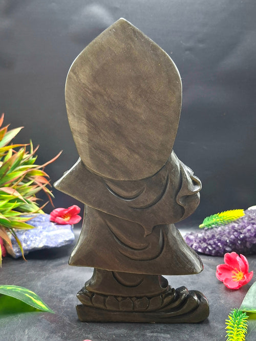 Guan Yin Standing Carving in Silver Sheen Obsidian – A Symbol of Compassion, Peace & Divine Grace