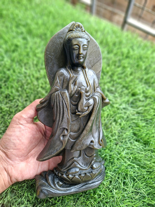 Guan Yin Standing Carving in Silver Sheen Obsidian – A Symbol of Compassion, Peace & Divine Grace