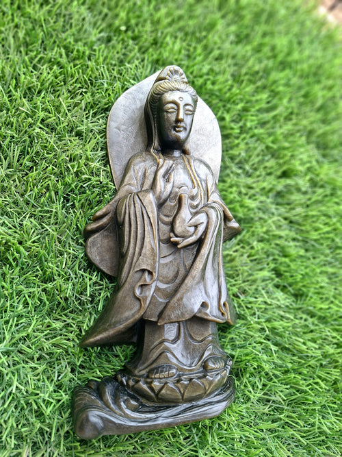 Guan Yin Standing Carving in Silver Sheen Obsidian – A Symbol of Compassion, Peace & Divine Grace