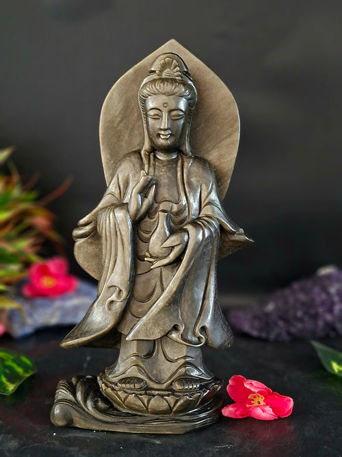 Guan Yin Standing Carving in Silver Sheen Obsidian – A Symbol of Compassion, Peace & Divine Grace
