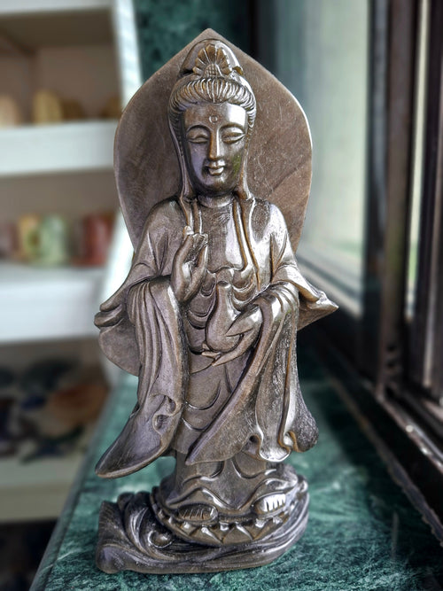 Guan Yin Standing Carving in Silver Sheen Obsidian – A Symbol of Compassion, Peace & Divine Grace