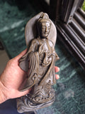 Guan Yin Standing Carving in Silver Sheen Obsidian – A Symbol of Compassion, Peace & Divine Grace