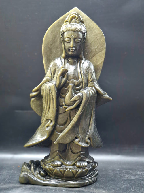 Guan Yin Standing Carving in Silver Sheen Obsidian – A Symbol of Compassion, Peace & Divine Grace