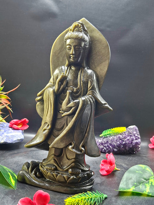 Guan Yin Standing Carving in Silver Sheen Obsidian – A Symbol of Compassion, Peace & Divine Grace