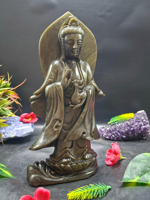 Guan Yin Standing Carving in Silver Sheen Obsidian – A Symbol of Compassion, Peace & Divine Grace