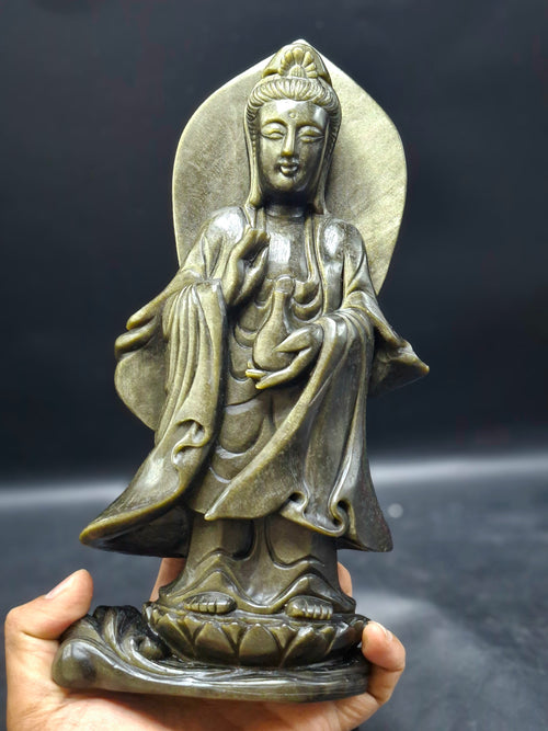 Guan Yin Standing Carving in Silver Sheen Obsidian – A Symbol of Compassion, Peace & Divine Grace