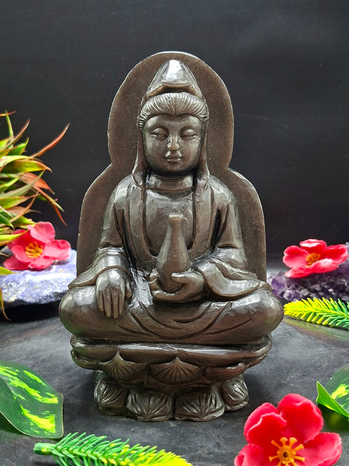 Guan Yin Sitting Carving in Silver Sheen Obsidian – A Symbol of Compassion, Calm & Inner Peace