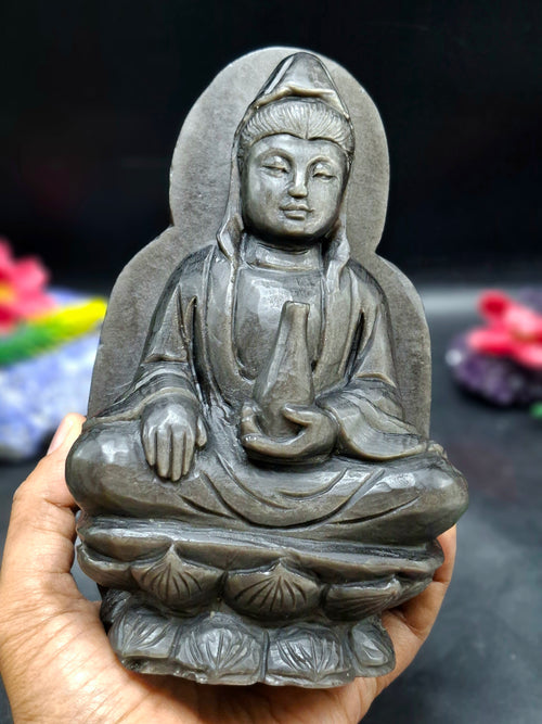 Guan Yin Sitting Carving in Silver Sheen Obsidian – A Symbol of Compassion, Calm & Inner Peace