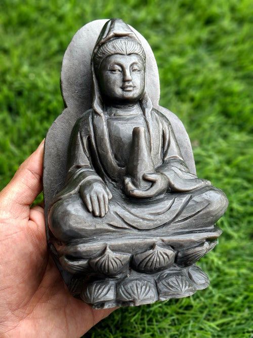 Guan Yin Sitting Carving in Silver Sheen Obsidian – A Symbol of Compassion, Calm & Inner Peace