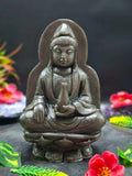 Guan Yin Sitting Carving in Silver Sheen Obsidian – A Symbol of Compassion, Calm & Inner Peace