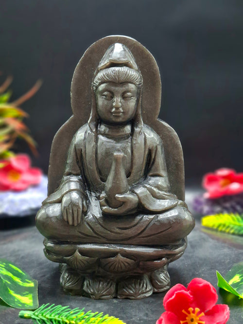 Guan Yin Sitting Carving in Silver Sheen Obsidian – A Symbol of Compassion, Calm & Inner Peace