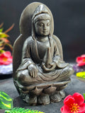 Guan Yin Sitting Carving in Silver Sheen Obsidian – A Symbol of Compassion, Calm & Inner Peace