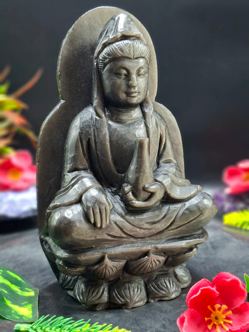 Guan Yin Sitting Carving in Silver Sheen Obsidian – A Symbol of Compassion, Calm & Inner Peace