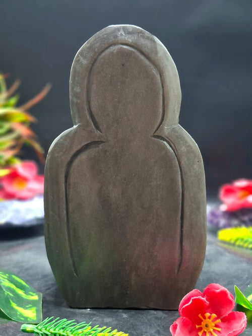Guan Yin Sitting Carving in Silver Sheen Obsidian – A Symbol of Compassion, Calm & Inner Peace