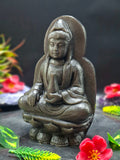 Guan Yin Sitting Carving in Silver Sheen Obsidian – A Symbol of Compassion, Calm & Inner Peace