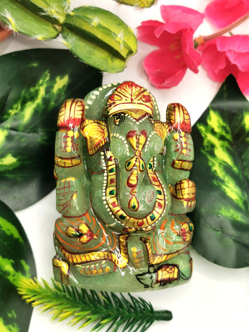Ganesha Statue in Natural Green Aventurine Painted - A Resplendent Symbol of Prosperity and Divine Blessings | Gemstone Idol | Crystal Deity | Home Decor |